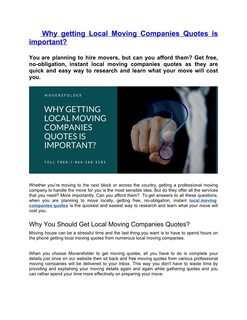 Why Getting Local Moving Companies Quotes Is Important