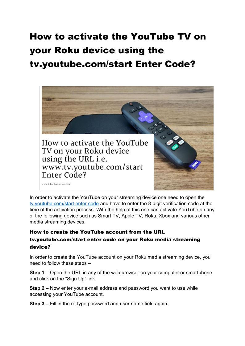 Activate Youtube Com Start Enter Code Link Activation Roku